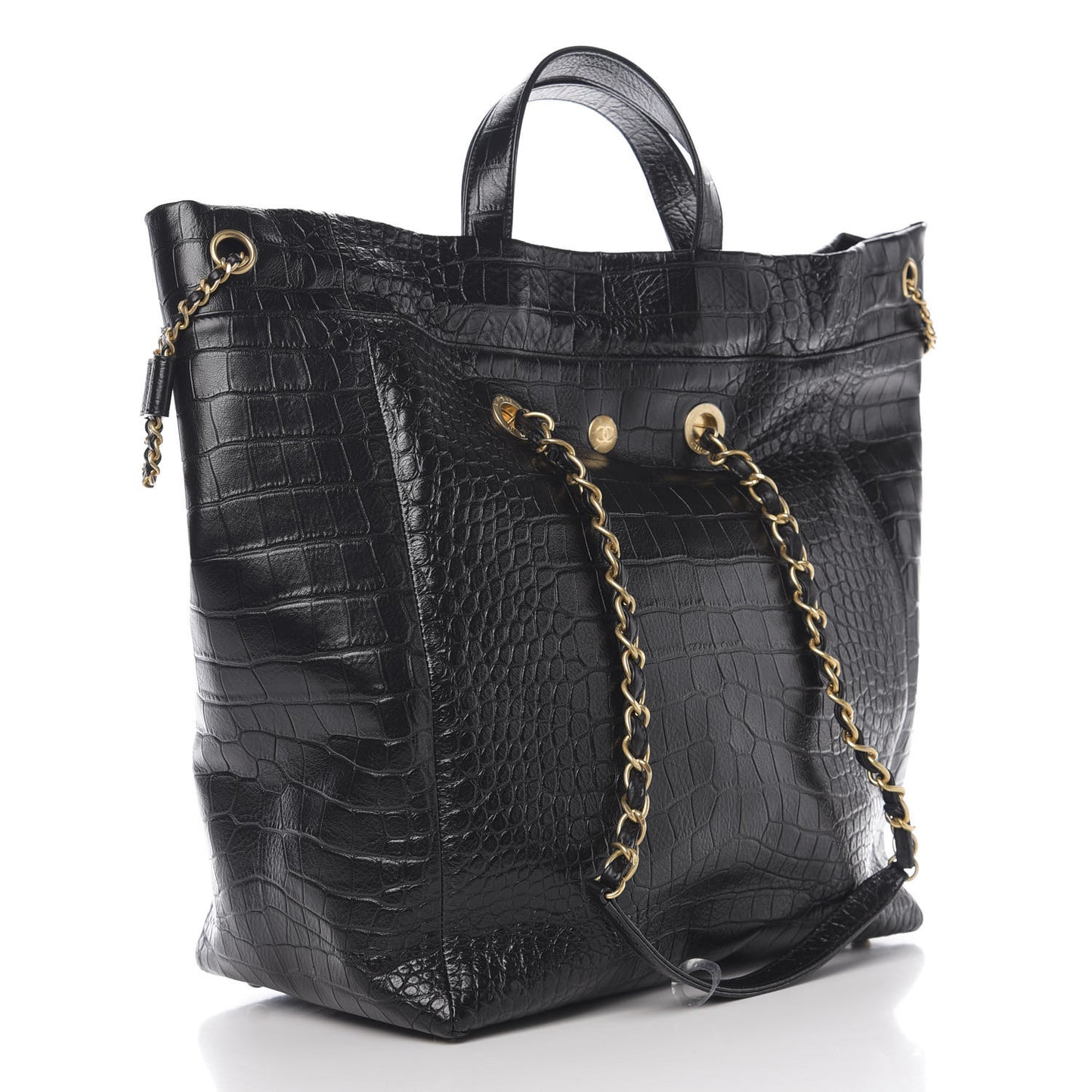 Calfskin Crocodile Embossed Large Cocodile Shopping Tote Black