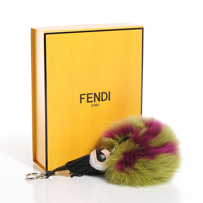 Fendi Fox Fur Shiny Nappa Super Karlito Pom Pom Bag Charm Malachite Multicolor Black 7 of 7
