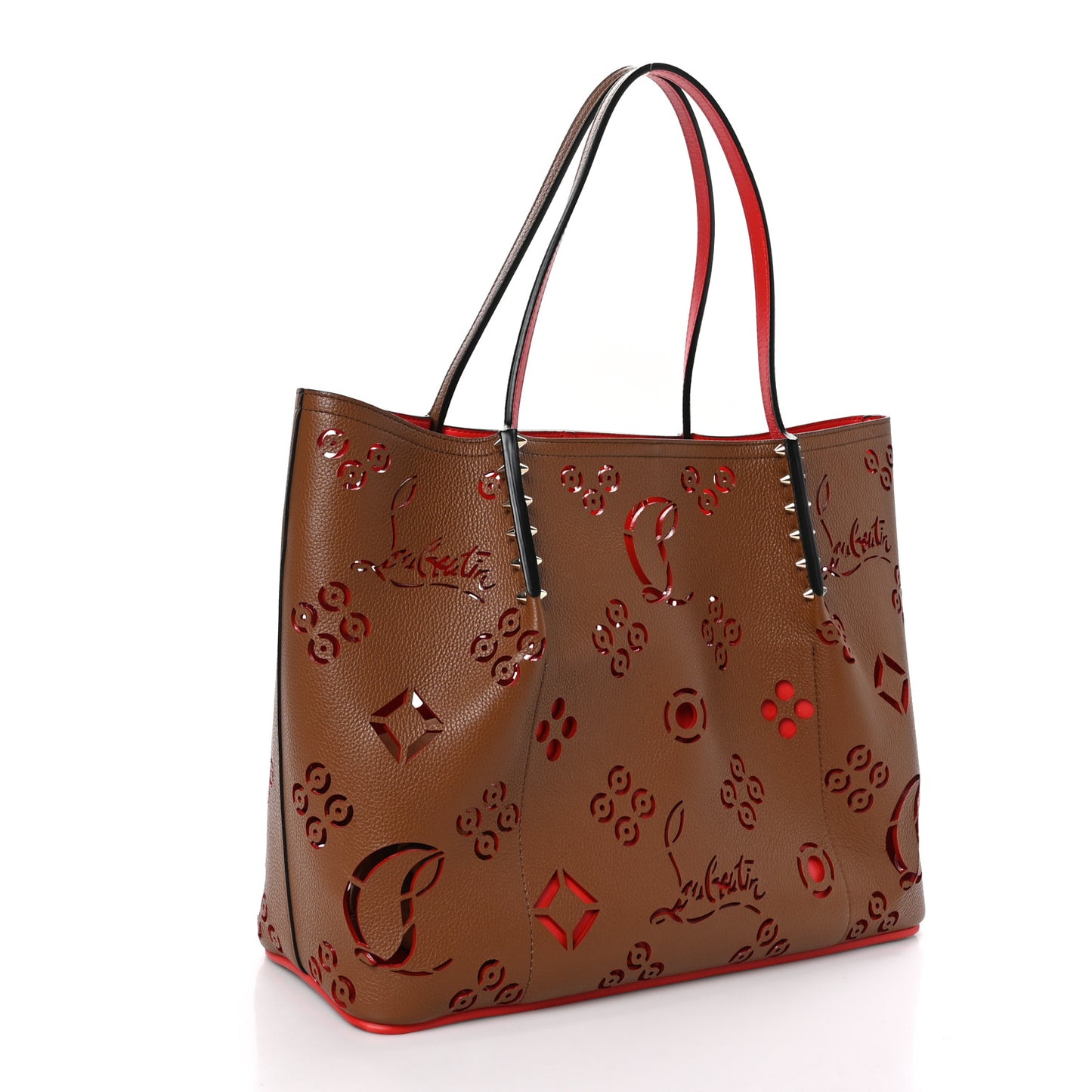 Calfskin Loubinthesky Small Perforated Cabarock Spikes Tote Biscotto