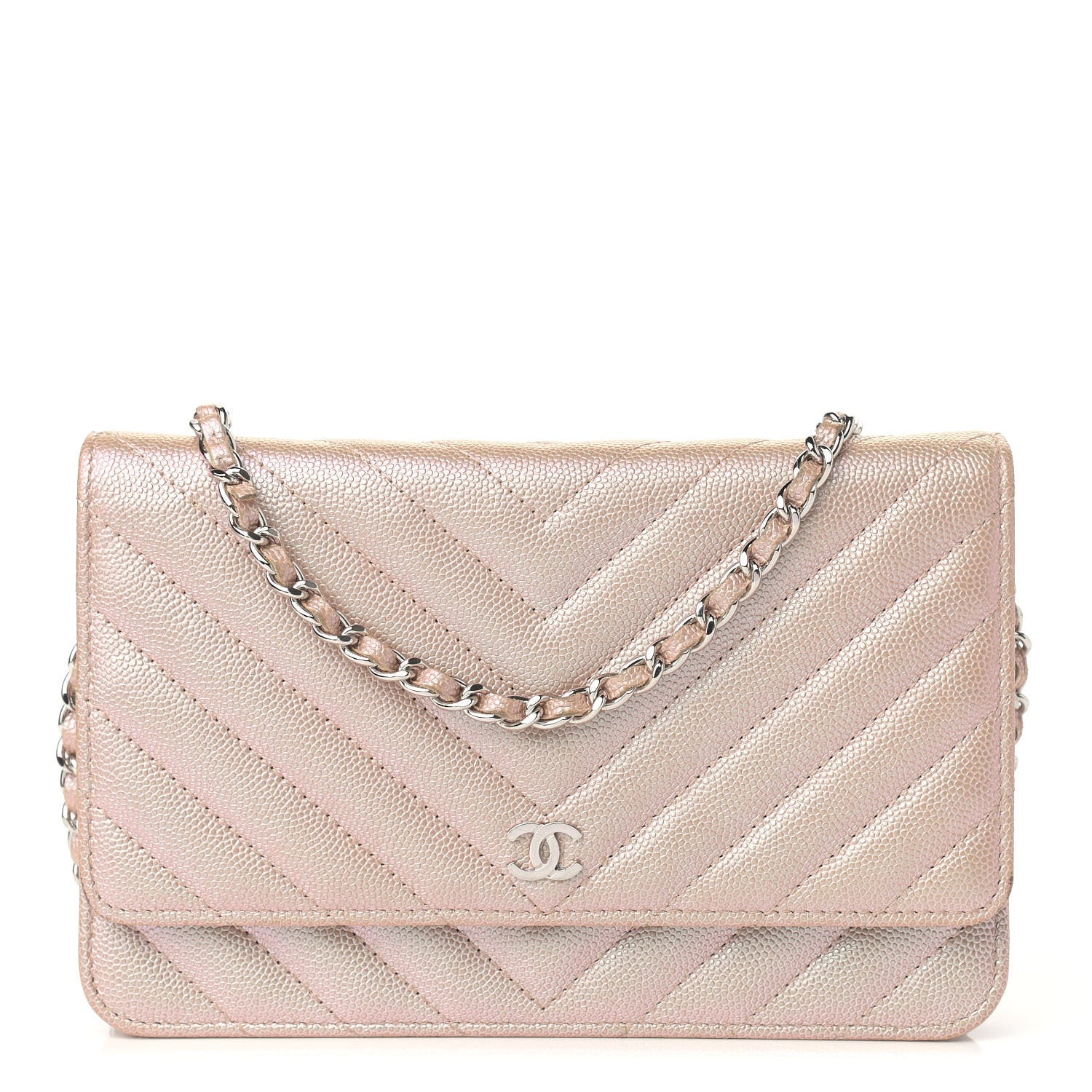 Chanel Metallic Caviar Chevron Quilted Wallet On Chain WOC Light Gold 1 of 10