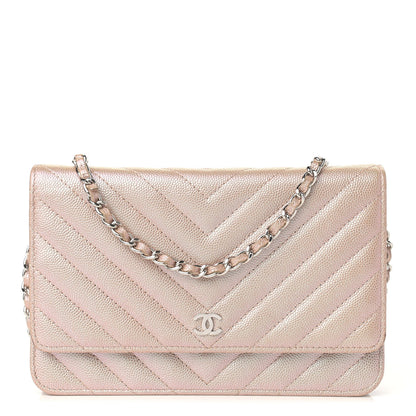 Chanel Metallic Caviar Chevron Quilted Wallet On Chain WOC Light Gold 1 of 10