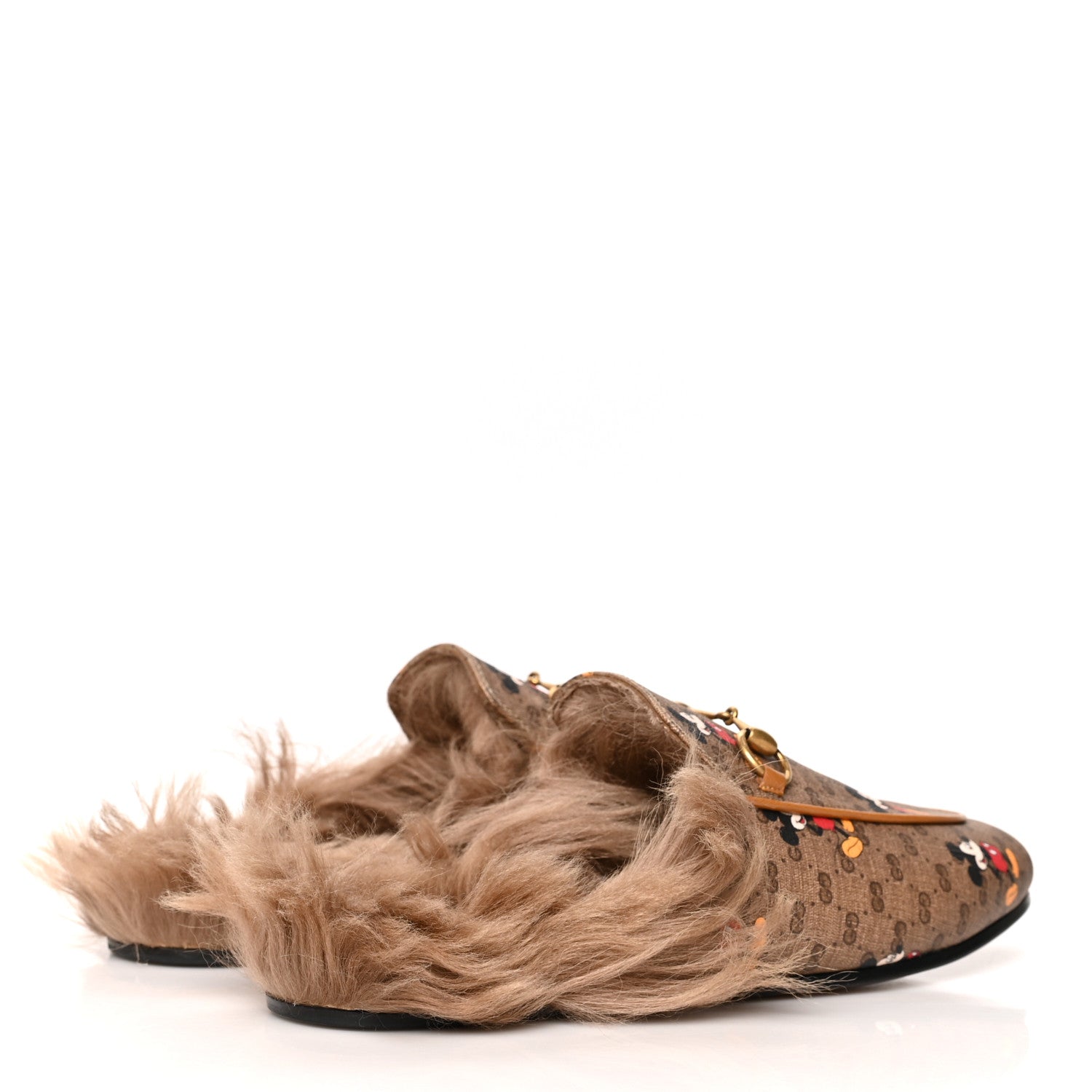 Gucci X DISNEY Mini Vintage GG Supreme Monogram Mickey Mouse Fur Womens Princetown Slippers 38 Beige Vintage Sun Oil 4 of 7