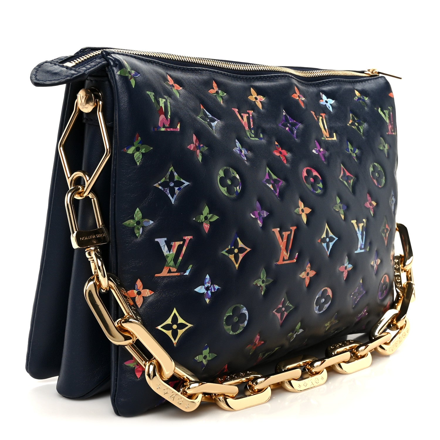 抹*)様 Louis Vuitton ショルダーバッグ ネイビー Louis Vuitton Lambskin Embossed Monogram LV Garden Coussin MM Navy