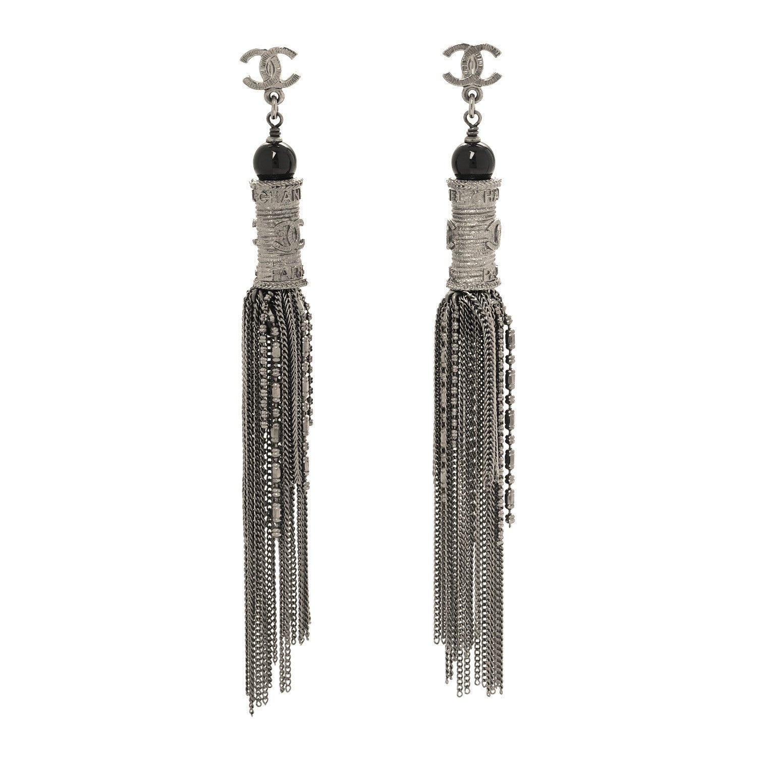 Chanel Metal CC Chain Tassel Paris Shanghai Earrings Ruthenium 1 of 3