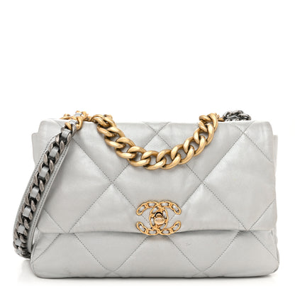 Chanel Metallic Goatskin Quilted Large Chanel 19 Flap Silver 1 of 15