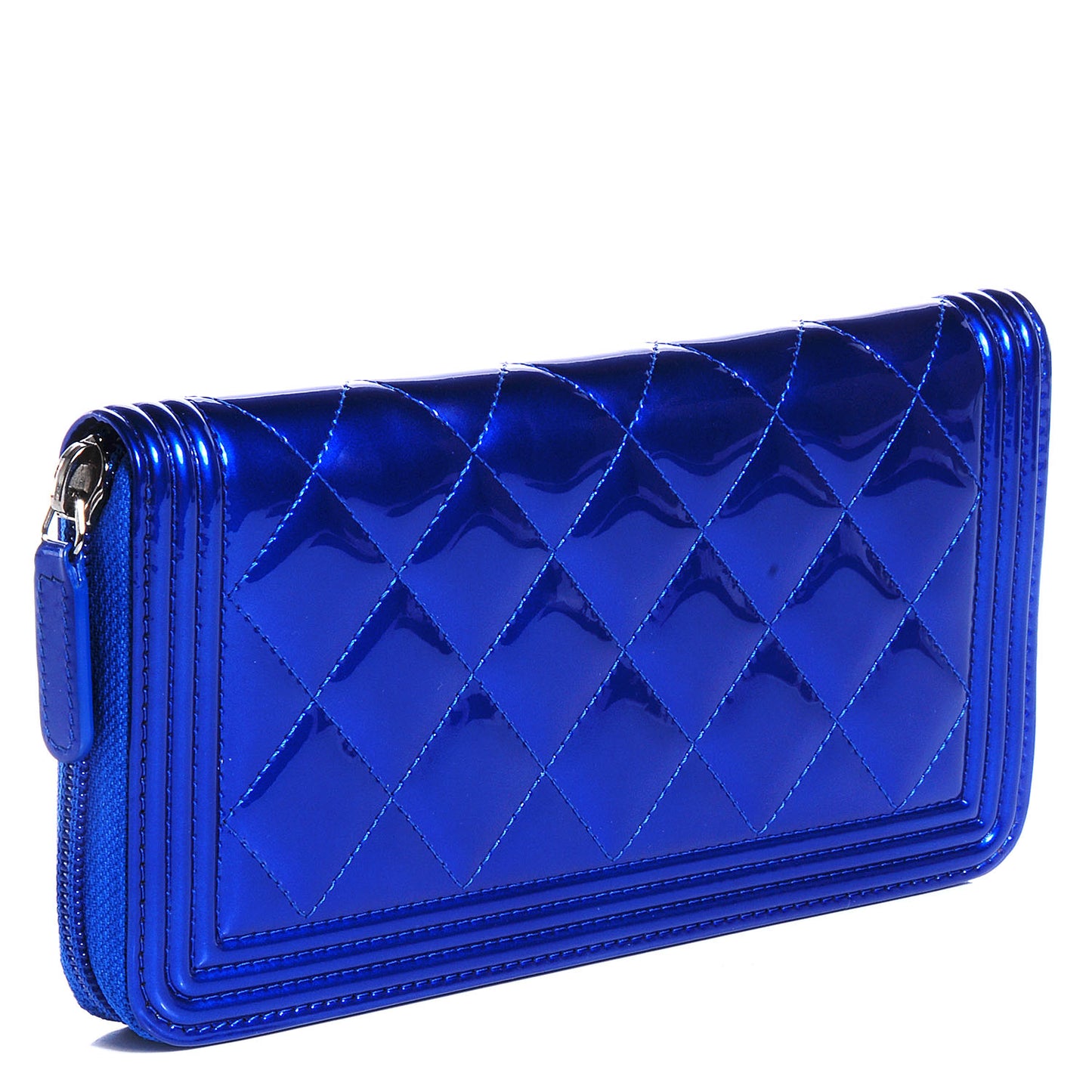 Metallic Patent Quilted Boy L-Gusset Zip Wallet Blue