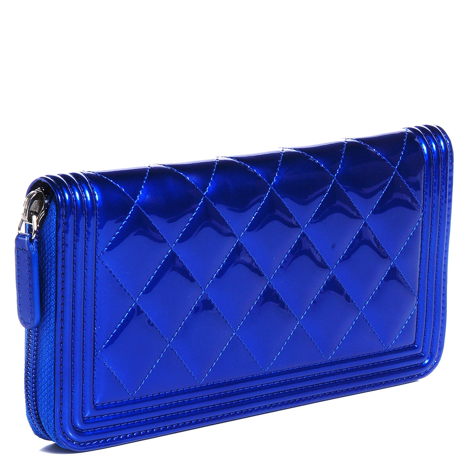 Chanel Metallic Patent Quilted Boy L-Gusset Zip Wallet Blue 3 of 9