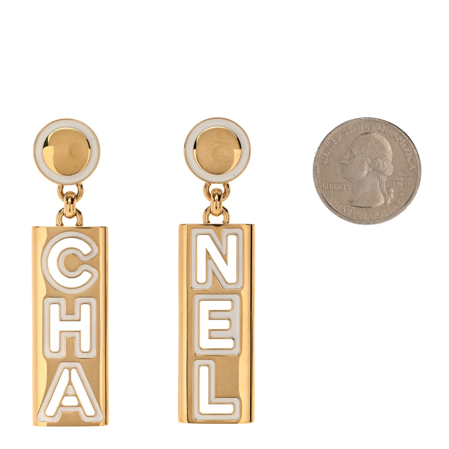 Chanel Metal Enamel Cha-Nel Logo Drop Earrings Gold White 2 of 4