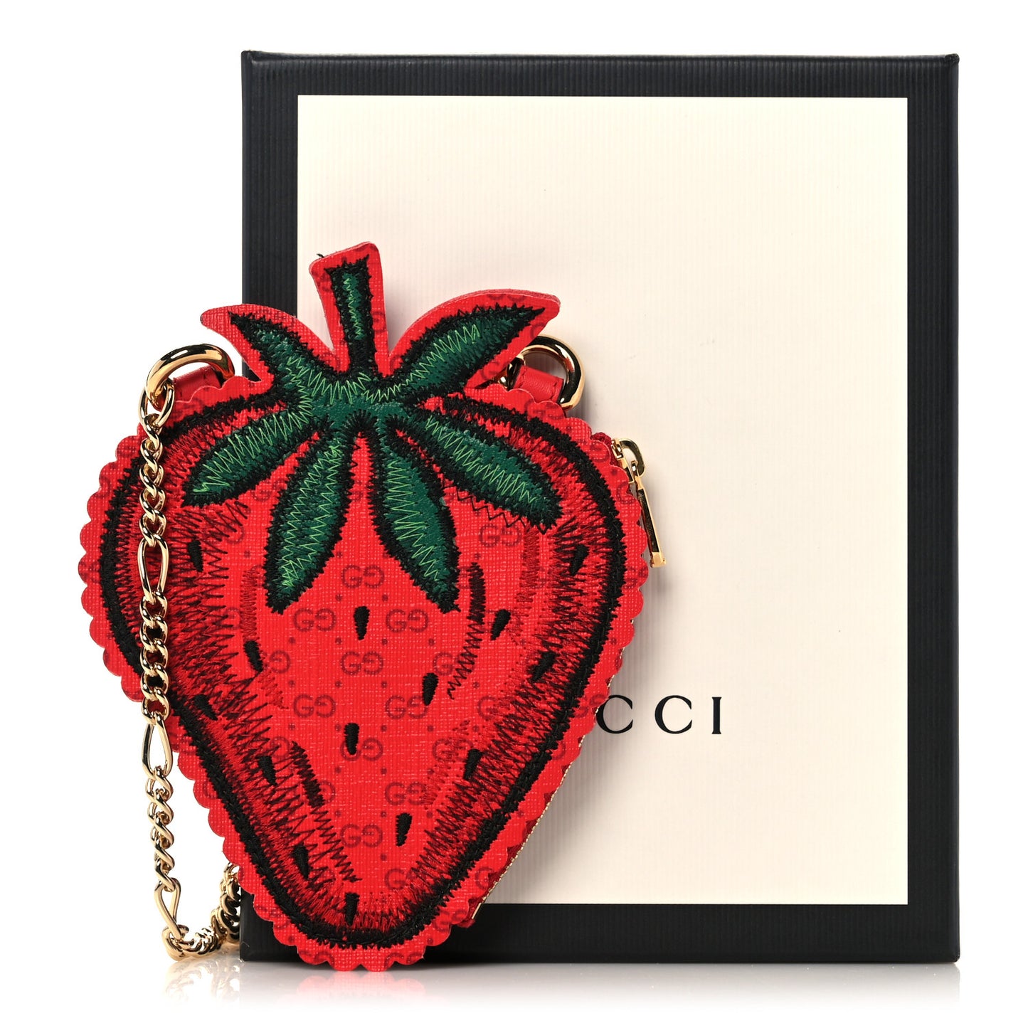 GG Supreme Monogram Embroidered Strawberry Pass Holder Crossbody Multicolor