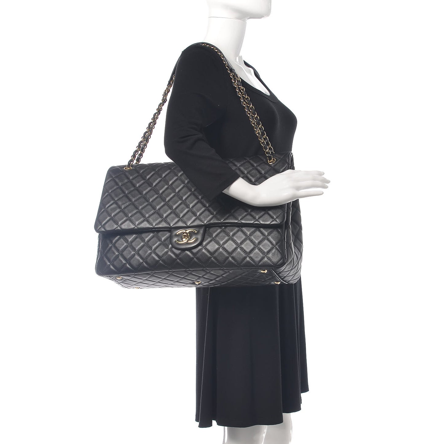Metallized Calfskin Quilted XXL Travel Flap Bag Black