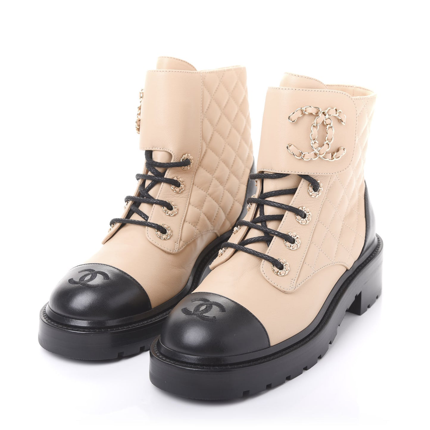 Lambskin Calfskin Quilted Lace Up Combat Boots 36.5 Beige Black