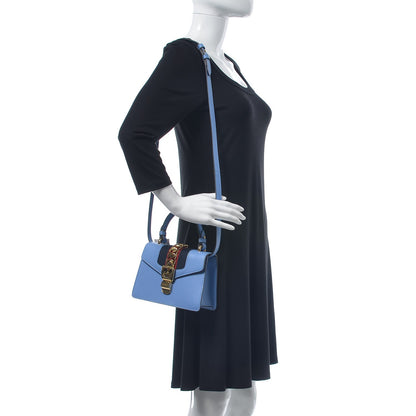 Gucci Vitello Fontanella Web Mini Sylvie Top Handle Bag Clear Sky Blue 2 of 10