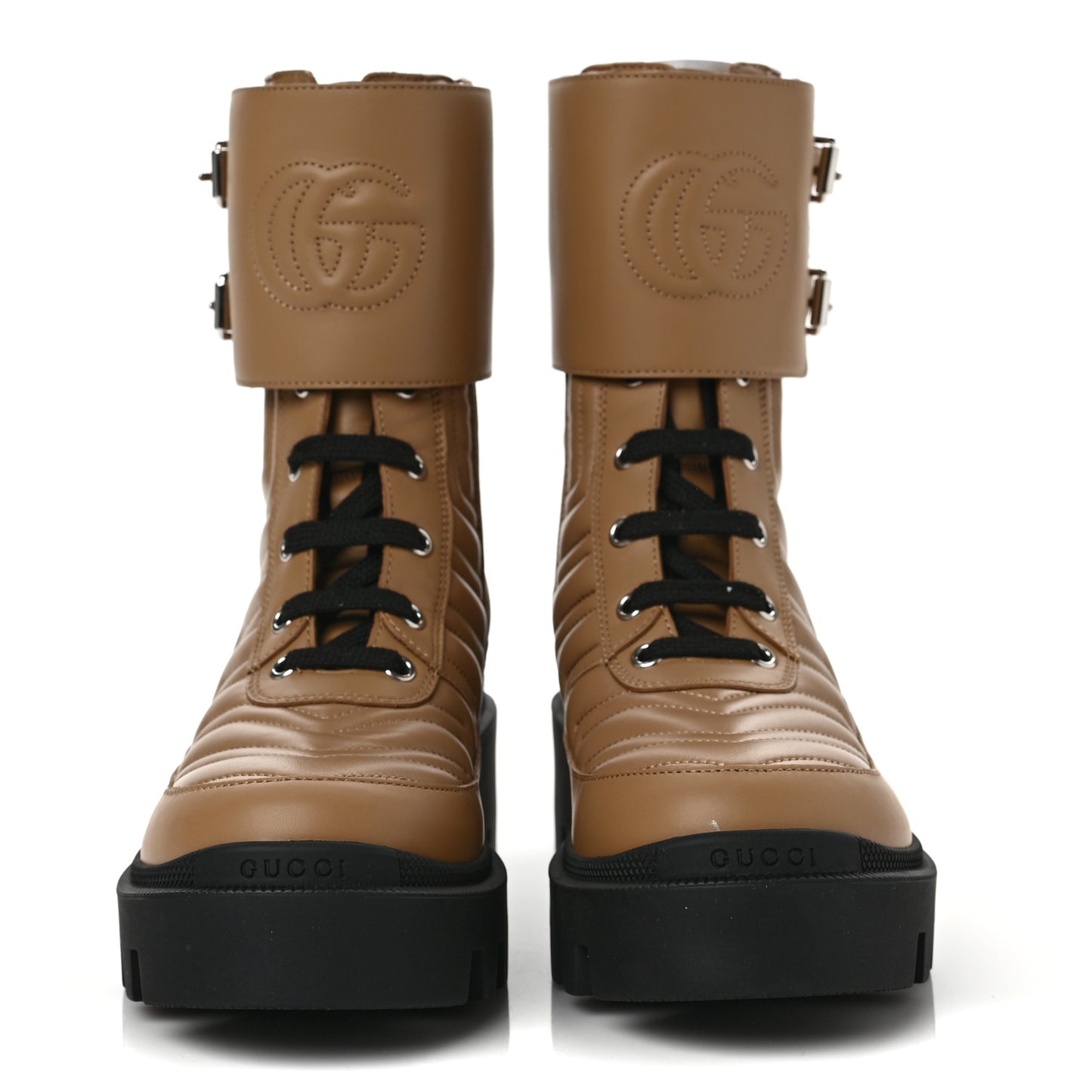 Nappa Frances GG Matelasse Platform Combat Boots 37 Natural Tan