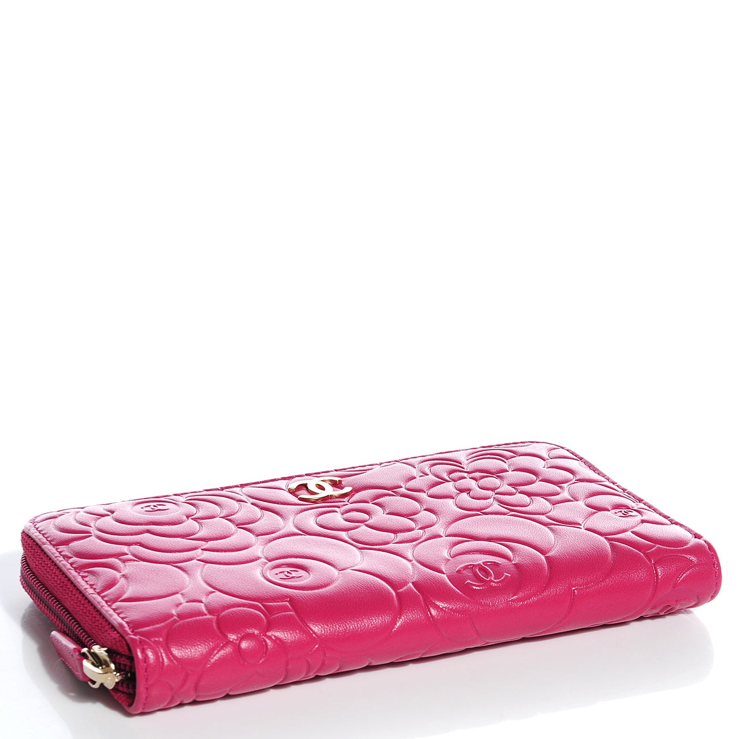 Lambskin Camellia Embossed Large Gusset Zip Around Wallet Fuchsia