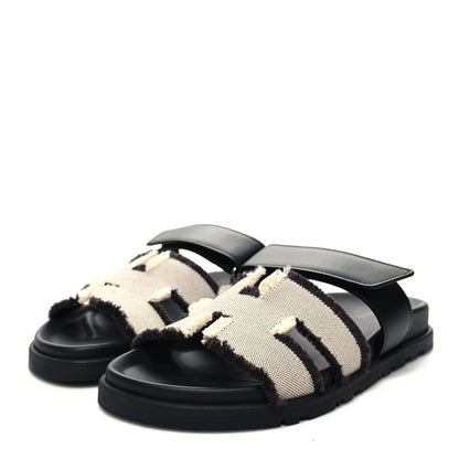 Hermes Techno Fringed H Canvas Caflskin Womens Chypre Sandals 37 Prunoir Black 3 of 8