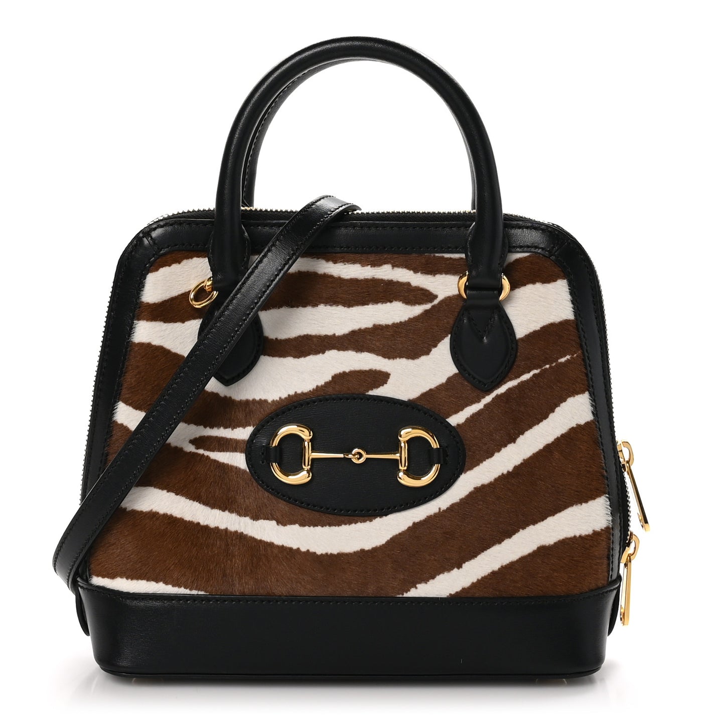 Pony Hair Zebra Striped Small Horsebit 1955 Top Handle Bag White Brown Black