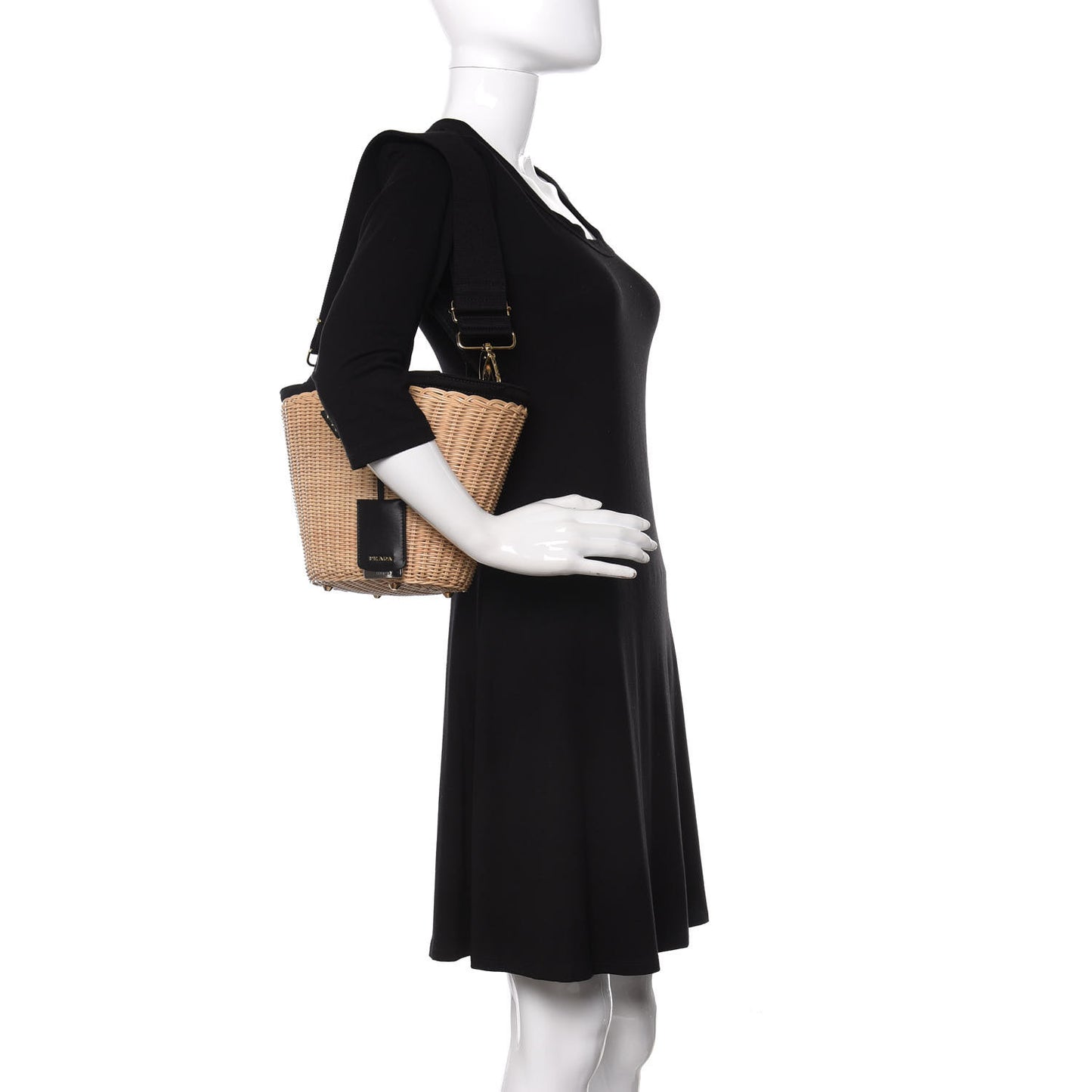 Wicker Canvas Shoulder Bag Naturale Black