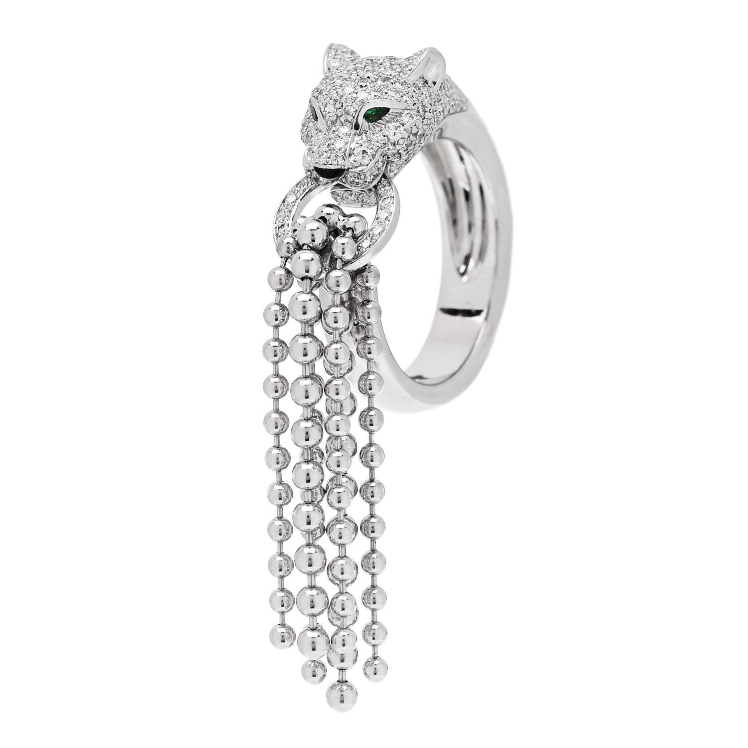 Cartier 18K White Gold Diamond Black Onyx Emerald Panthere De Cartier Tassel Ring 53 6.5 1 of 7
