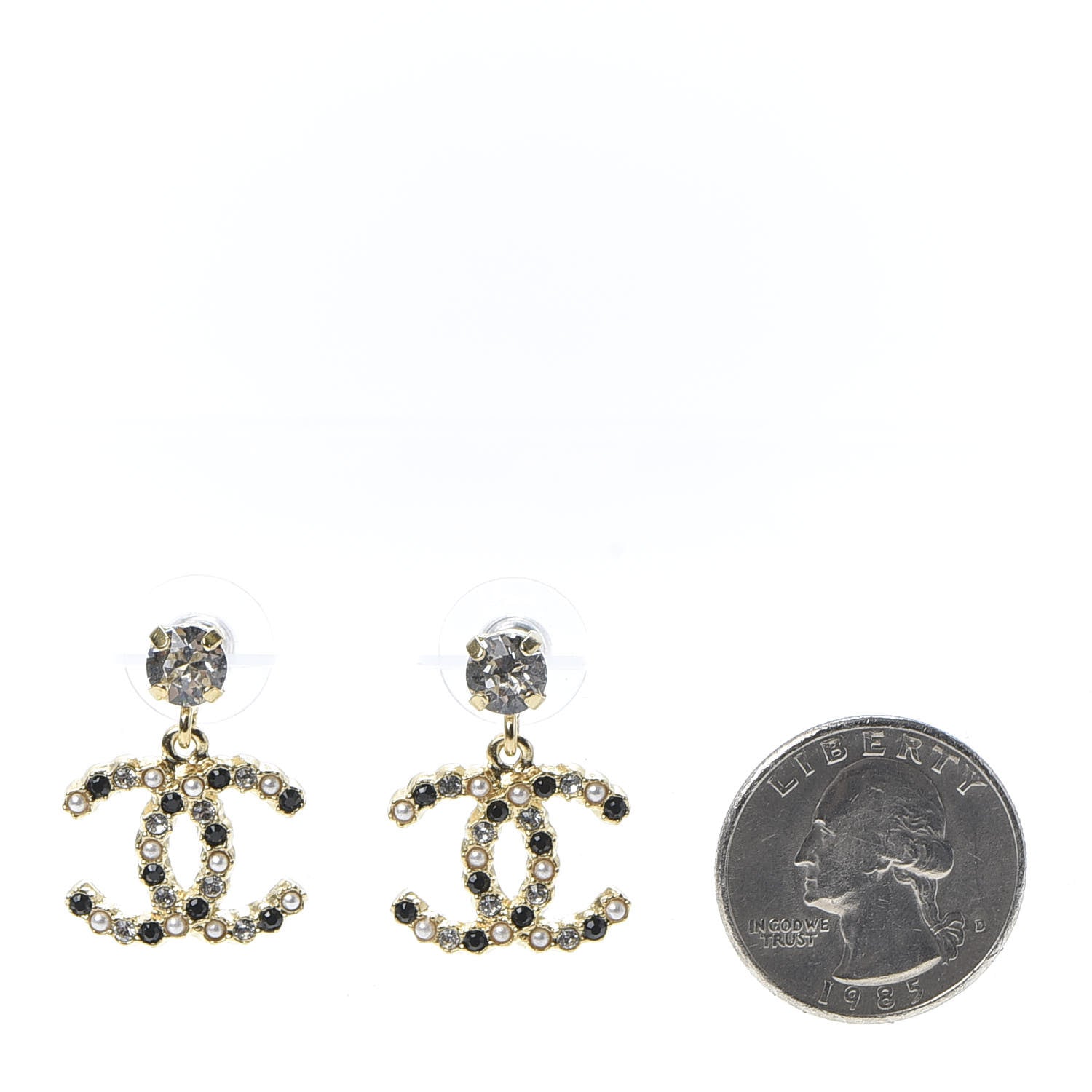 Chanel Resin Crystal Pearl CC Drop Earrings Gold Black 2 of 5