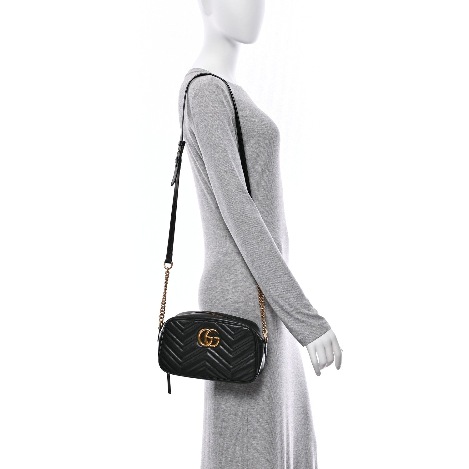 Gucci Calfskin Matelasse Small GG Marmont Chain Shoulder Bag Black 2 of 12