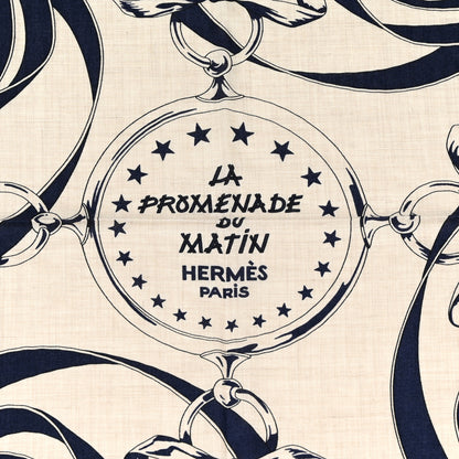 Hermes Cashmere Silk La Promenade du Matin Bandana Shawl 140 Naturel Marine Black 2 of 4