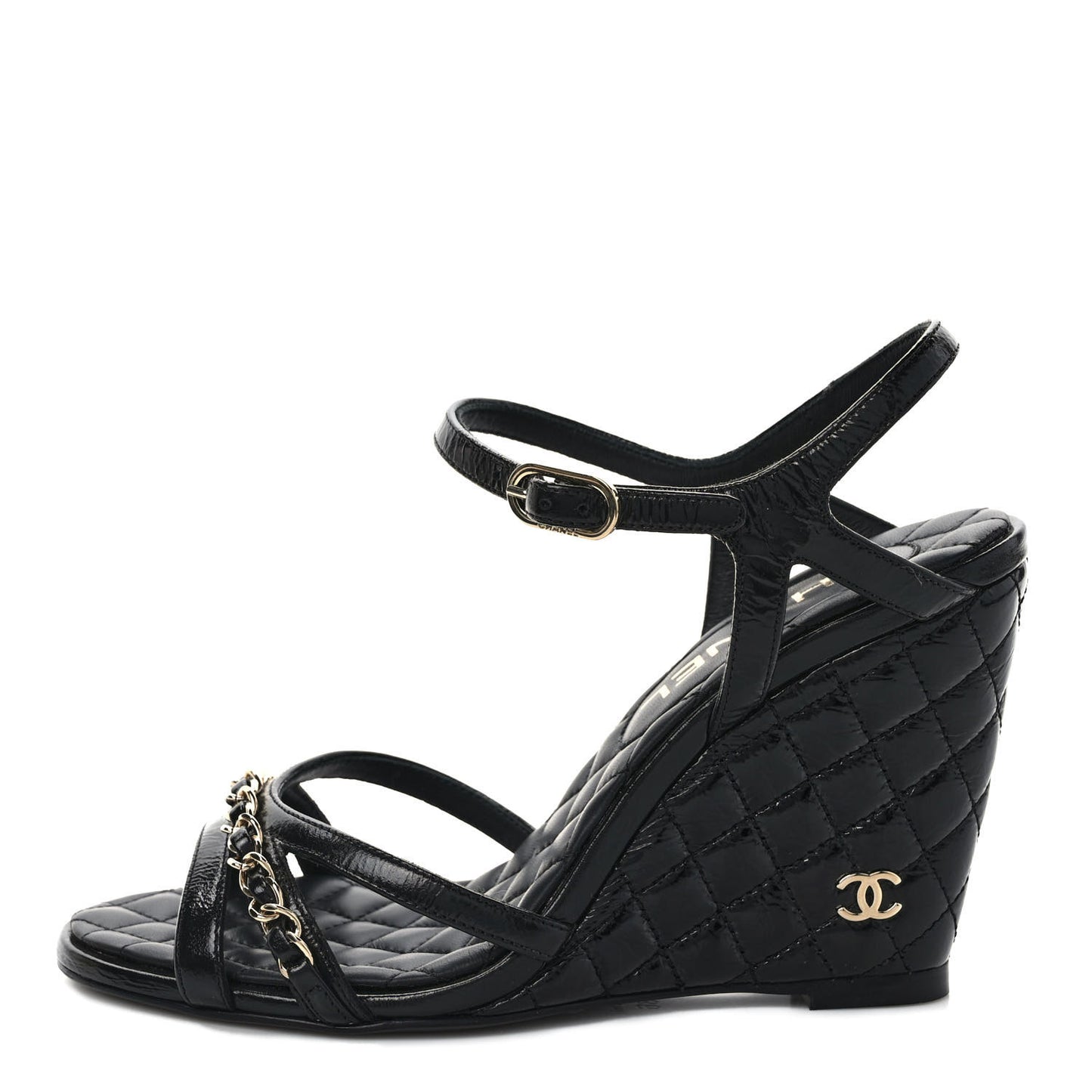 Crumpled Calfskin Quilted Chain Wedge Sandals 36 Black