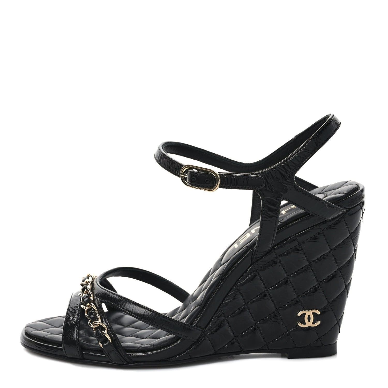 Chanel Crumpled Calfskin Quilted Chain Wedge Sandals 36 Black 1 of 8