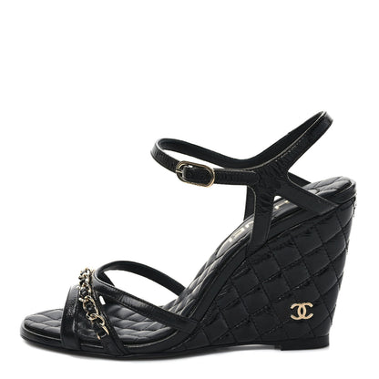 Chanel Crumpled Calfskin Quilted Chain Wedge Sandals 36 Black 1 of 8
