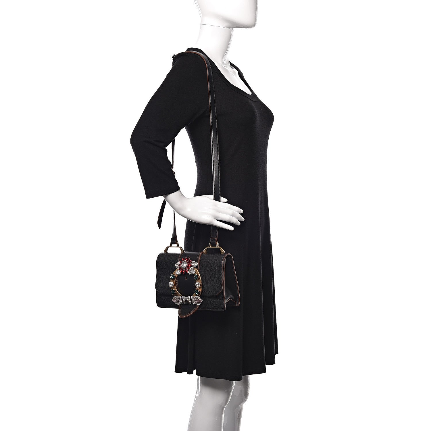 Miu Miu Goatskin Madras Soft Calf Crystal Embellished Shoulder Bag Black 2 of 16