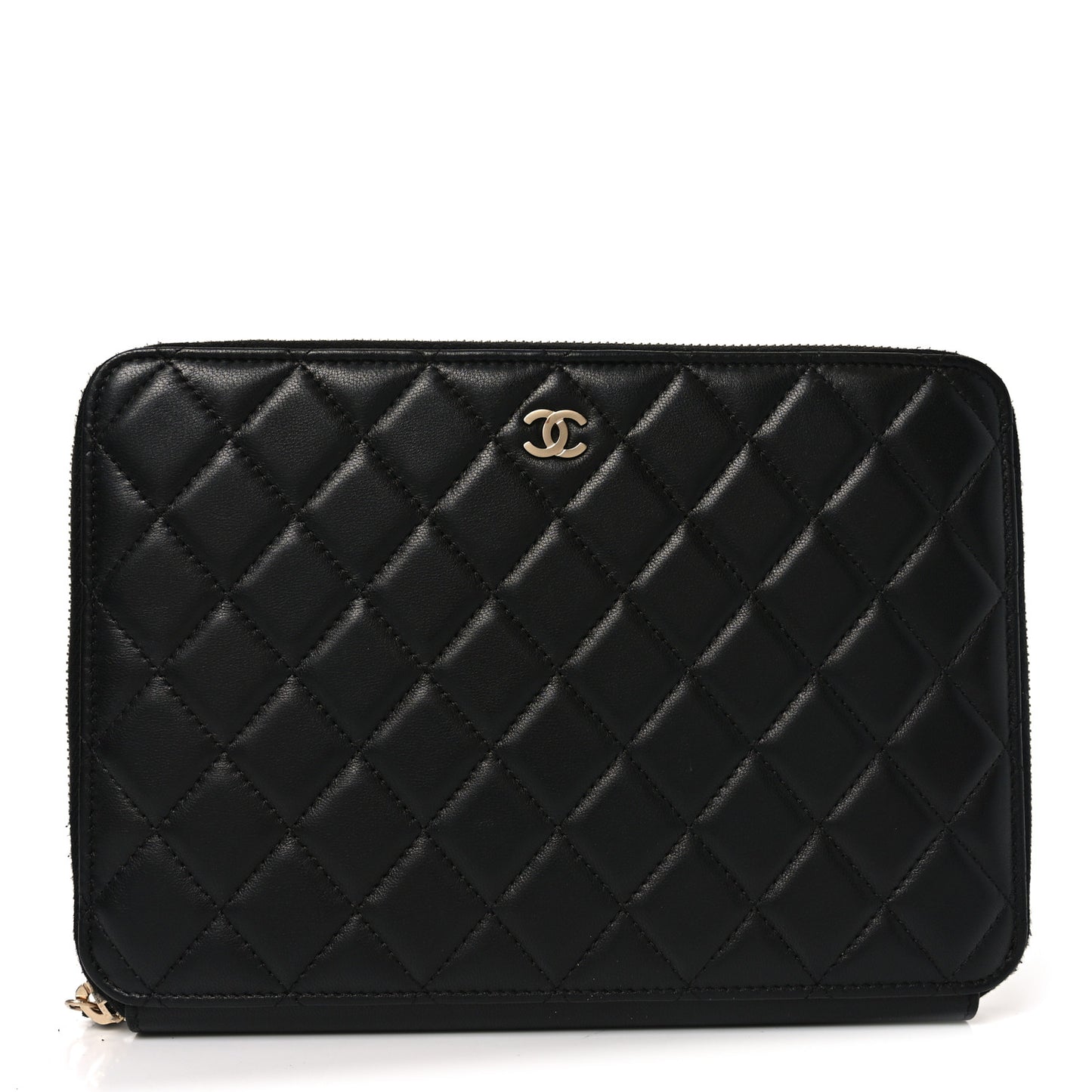 Lambskin Quilted Large Zip Around Organizer Wallet Black