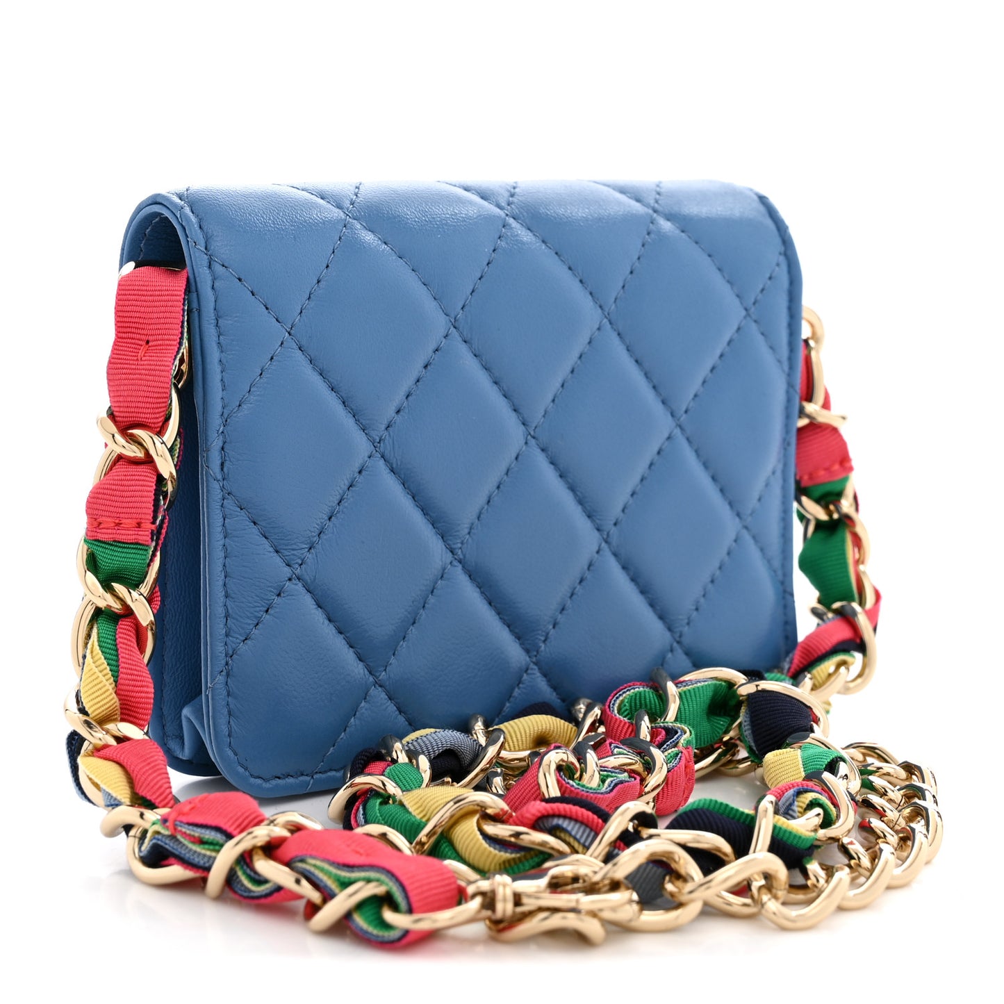 Shiny Lambskin Ribbon Quilted Flap Belt Bag Blue