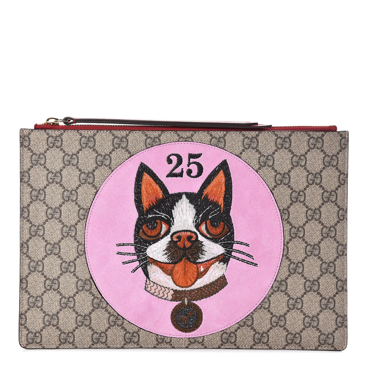 GG Supreme Monogram Bosco Patch Zip Pouch Beige Malva Hibiscus Red