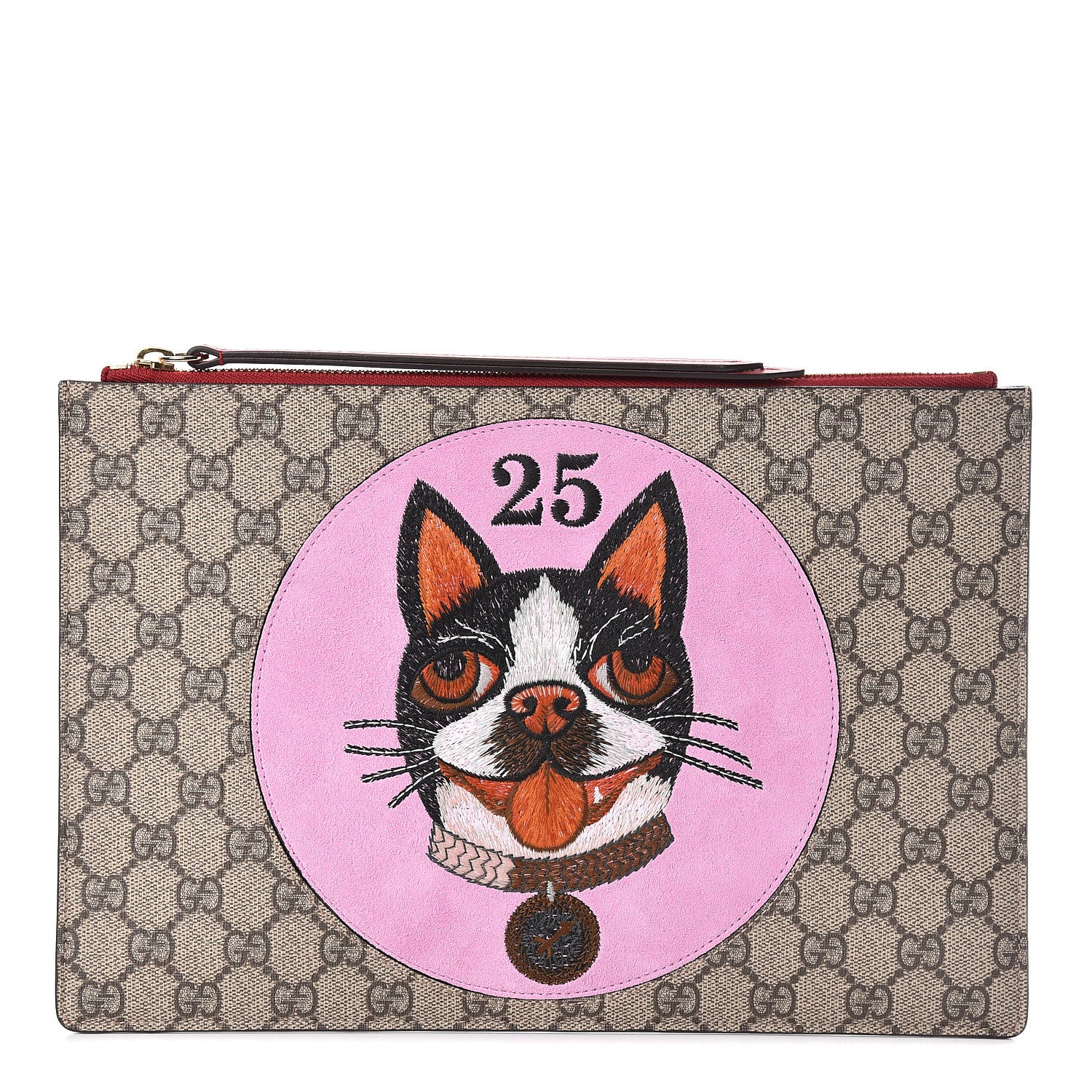 Gucci GG Supreme Monogram Bosco Patch Zip Pouch Beige Malva Hibiscus Red 1 of 8