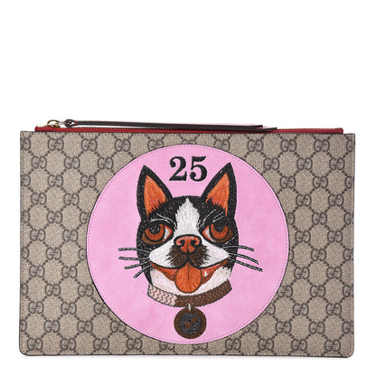 Gucci GG Supreme Monogram Bosco Patch Zip Pouch Beige Malva Hibiscus Red 1 of 8