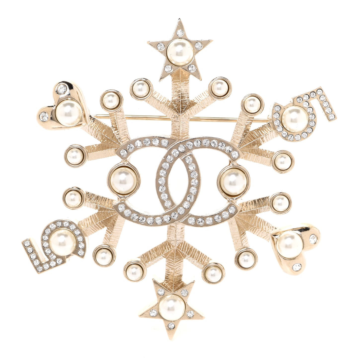 Crystal Pearl Hearts CC Brooch Gold
