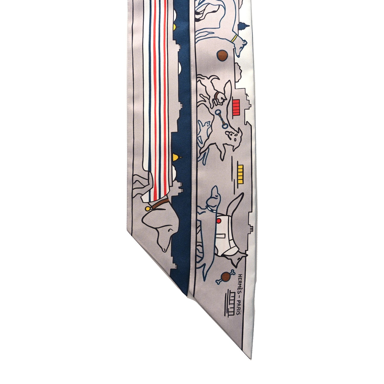Hermes Silk Les Chiens Parisiens Twilly Gris Perle Bleu Jaune 2 of 4