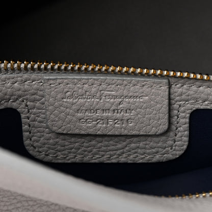 Salvatore Ferragamo Hammered Calfskin Double Handle Medium Amy Tote Grey Navy 7 of 14