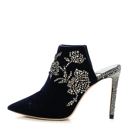 Jimmy Choo Velvet Crystal Peony Embellished Caroline High Heel Mules 37.5 Dark Blue 1 of 7