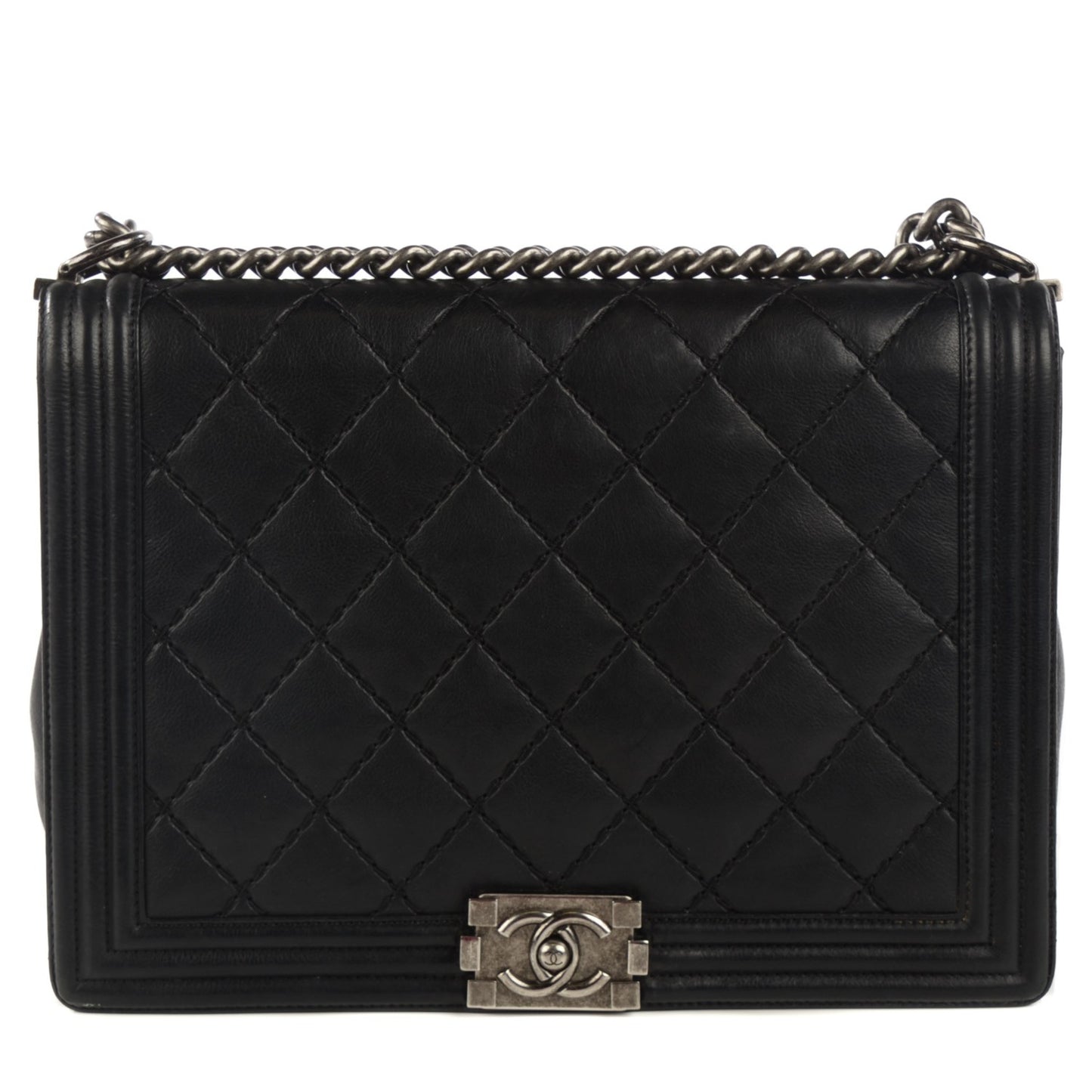 Calfskin Double Stitch Large Boy Flap Black