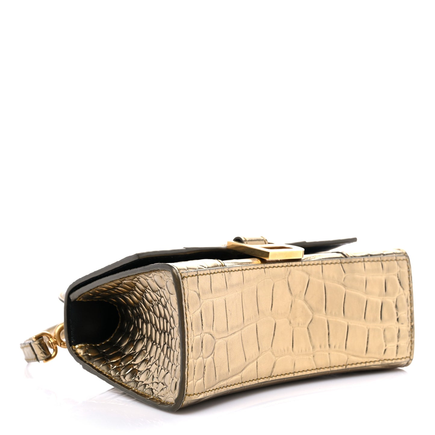 Metallic Calfskin Crocodile Embossed Hourglass Top Handle Bag XS Gold