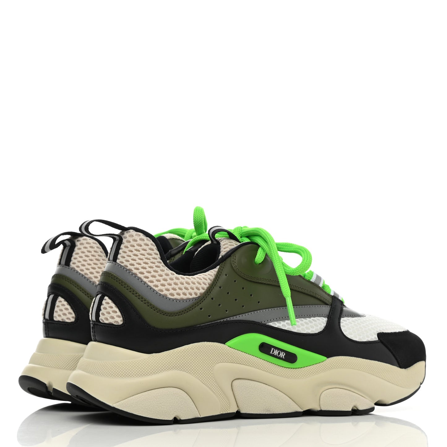 Technical Mesh Calfskin Mens B22 Sneakers 40 Olive Green Black Grey White