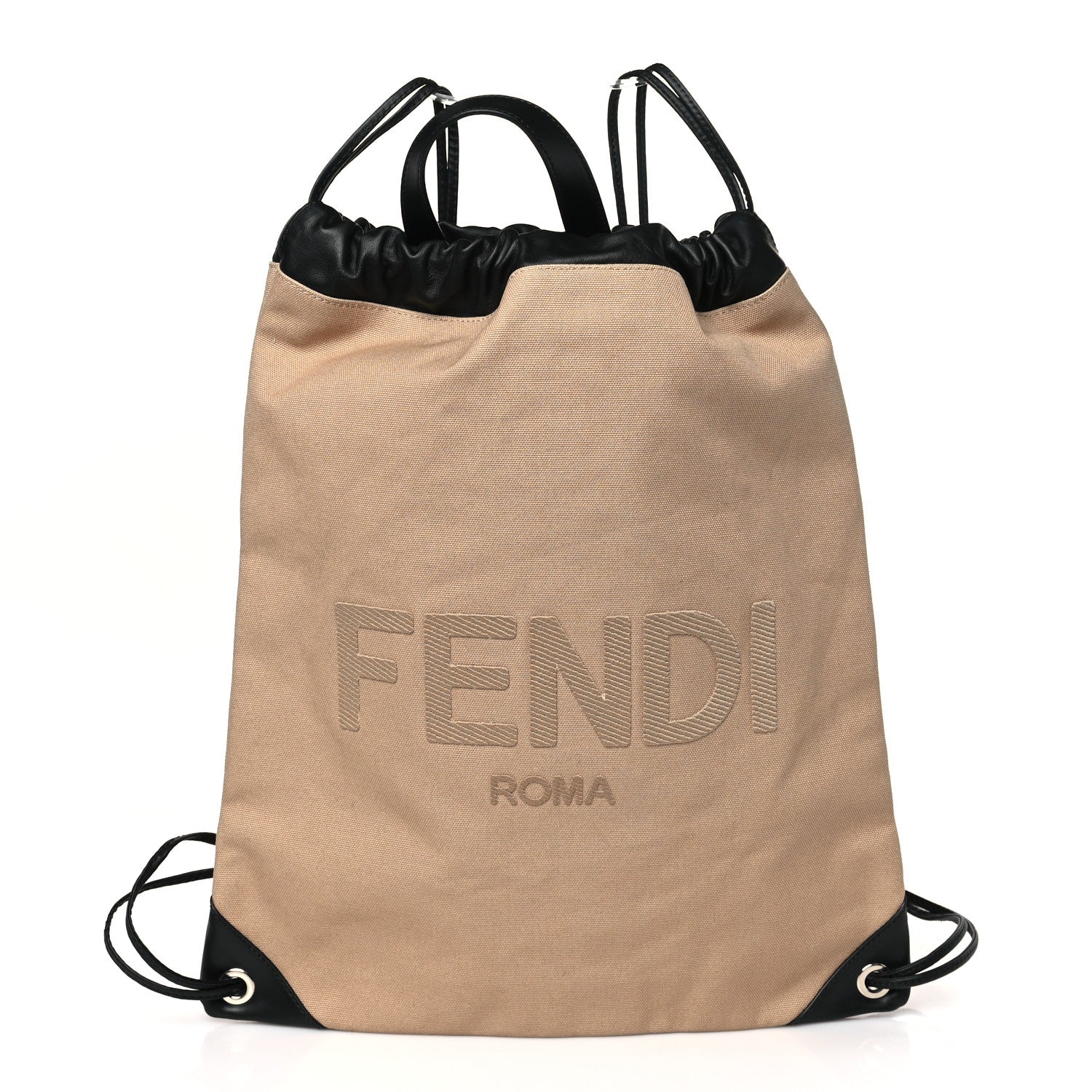Fendi Canvas Vitello King Logo Embroidered Drawstring Backpack Sand Black 1 of 9