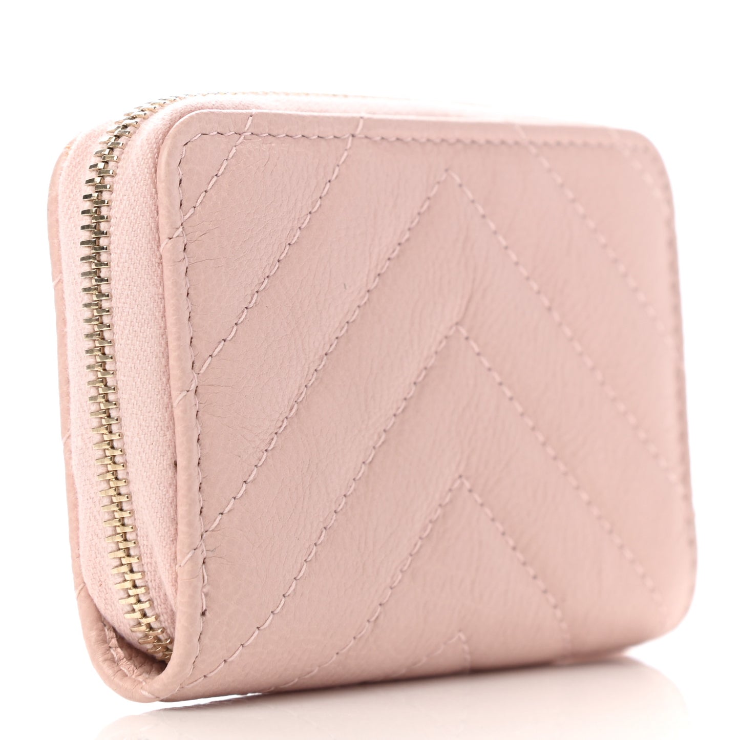 Calfskin Chevron Quilted Zip Around Coin Purse Light Pink