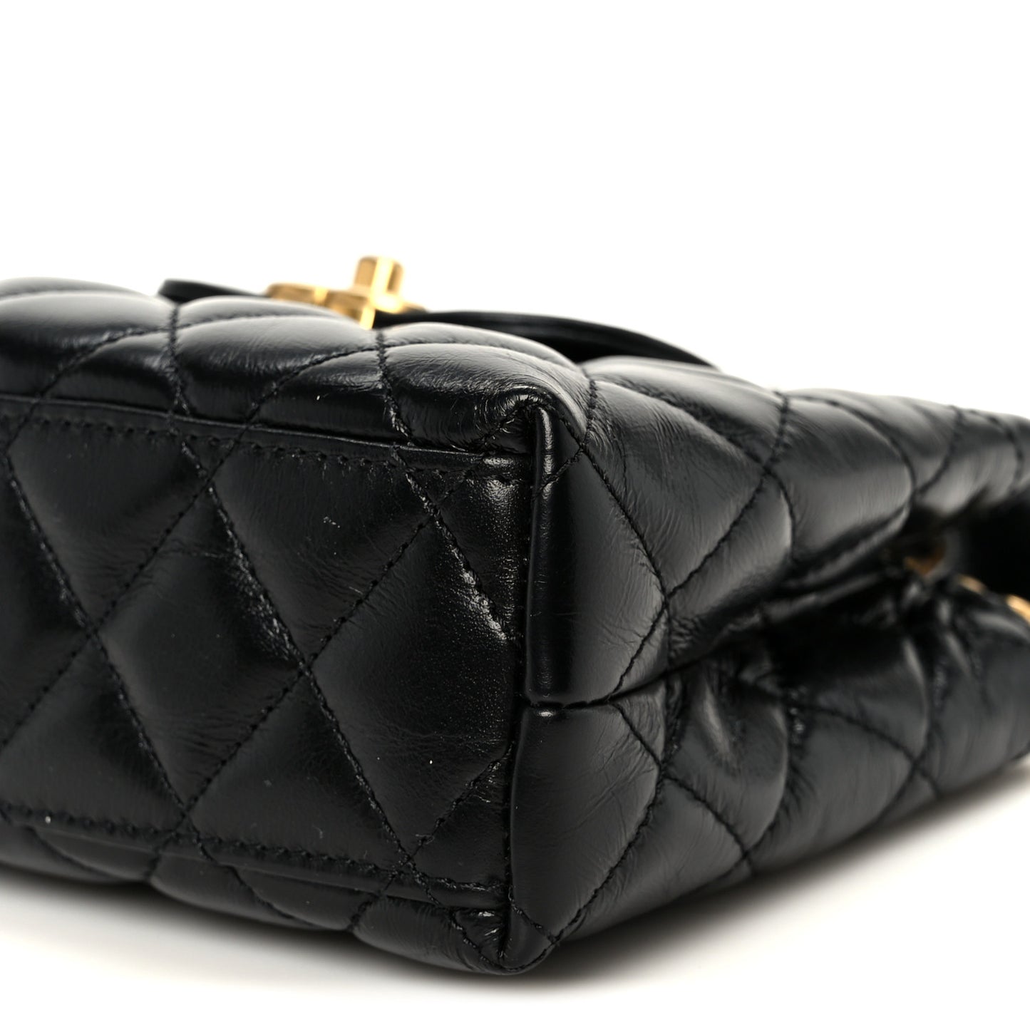 Shiny Aged Calfskin Quilted Nano Kelly Shopper Black