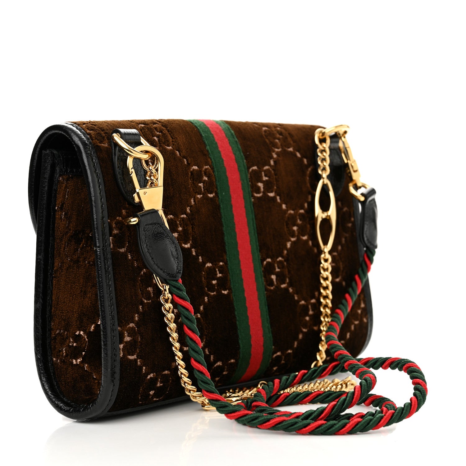 Gucci Velvet GG Monogram Web Small Rajah Slim Flap Shoulder Bag Brown Black 3 of 11