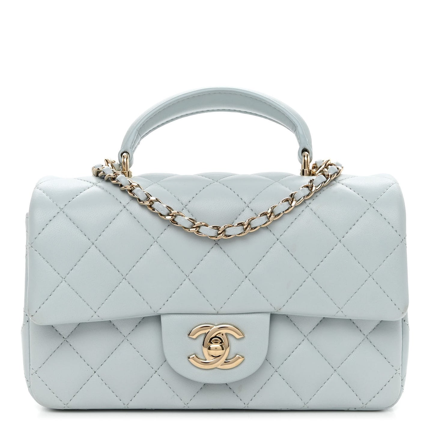 Lambskin Quilted Mini Top Handle Rectangular Flap Light Blue