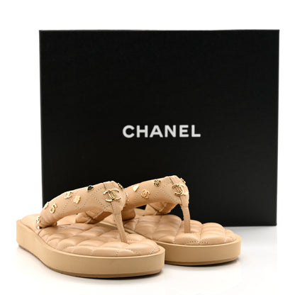 Chanel Lambskin Quilted Padded Charms Thong Sandals 37 Beige 8 of 8
