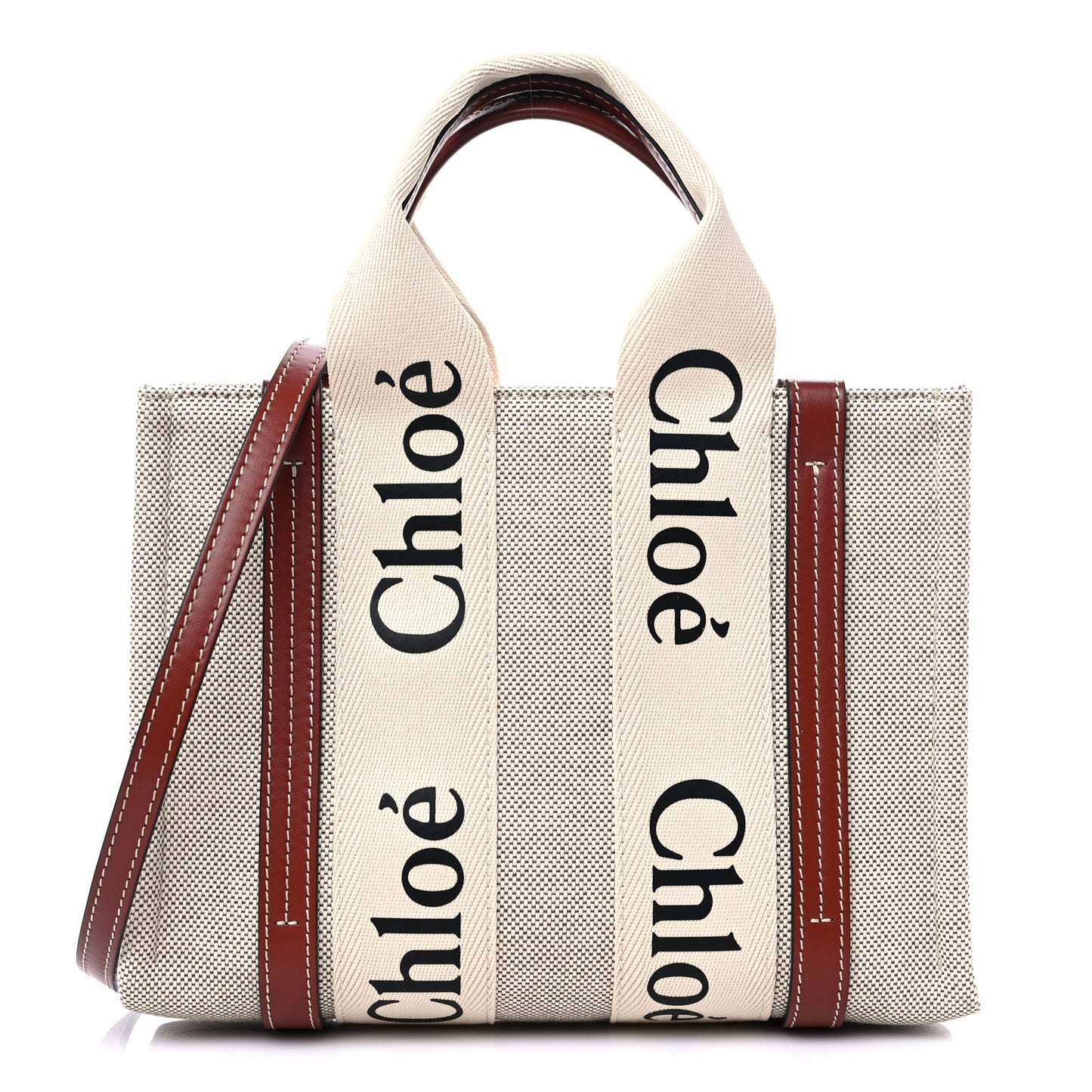 Cotton Calfskin Small Woody Ribbon Tote With Strap White Brown