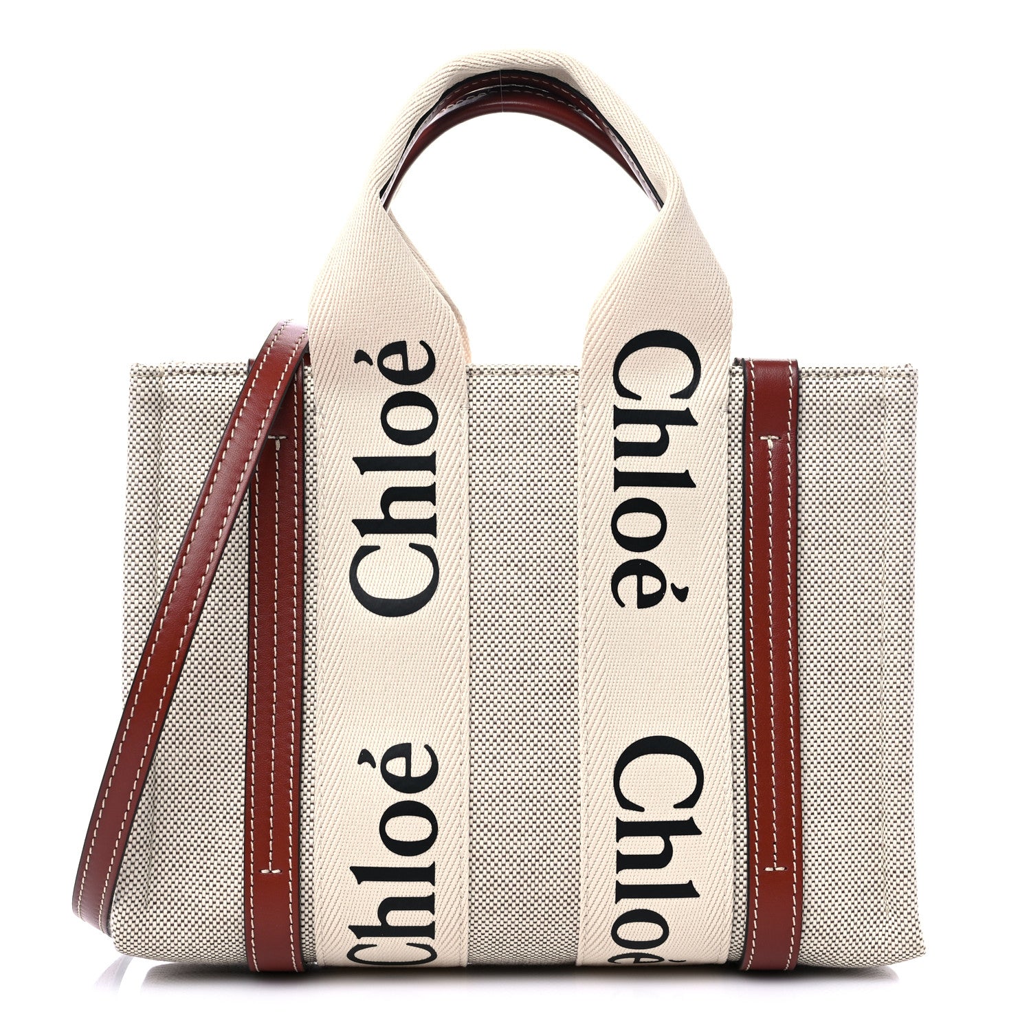Chloe Cotton Calfskin Small Woody Ribbon Tote With Strap White Brown 1 of 10