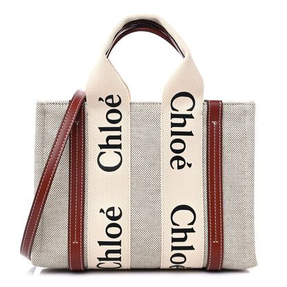 Chloe Cotton Calfskin Small Woody Ribbon Tote With Strap White Brown 1 of 10
